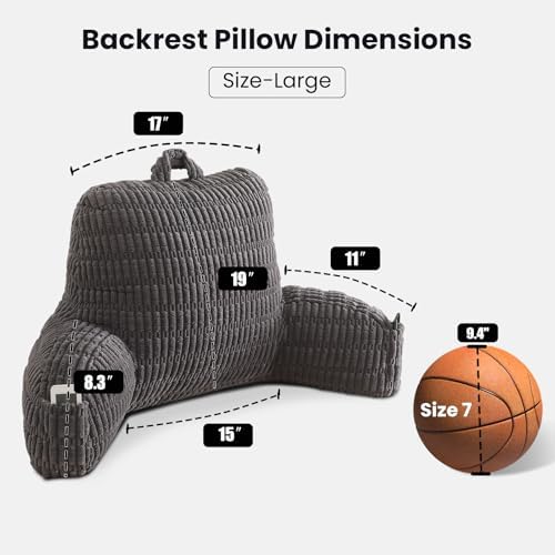 Large Reading Pillow for Sitting Up with Arms,Gray Corduroy - Image 3
