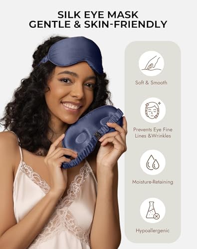 SilkSilky 100% 22 Momme Mulberry Silk Sleep Mask, Dark Blue - Image 3