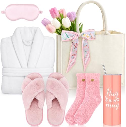 Patelai 7 Pcs Birthday Gifts for Women Spa Robe and Slippers Set Self Care Gift Basket for Women Spa Gift Basket for Friend by Patelai