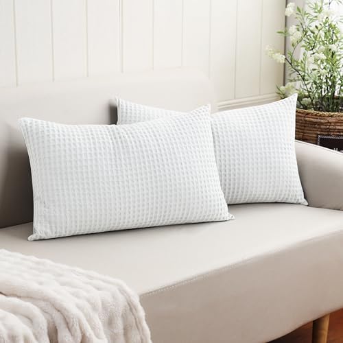 100% Egyptian Cotton 600 TC Waffle Weave Lumbar Pillow Covers 2 Pack by ZaizaiHome