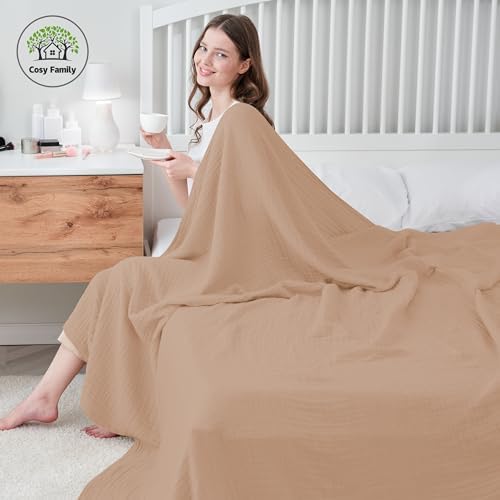 Cosy Family 6 Layer Muslin Bed Blanket - Breathable and Lightweight Gauze Boho Blanket for Spring, Soft 100% Cotton Muslin Blanket, Brown, 80x90 Inches - Image 4
