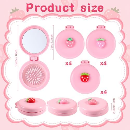 12 Pcs Pink Coquette Strawberry Mini Hair Brushes Folding Mirror Coquette Detangler Brush Bulk Round Compact Massage Scalp Comb for Purse Women Travel Team Gifts Trendy Stuff Party Favors - Image 2