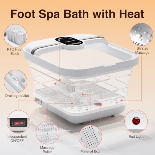 Collapsible Foot Spa Bath Massager with Heat, Foot Soaking Tub with Bubbles,Timer Temp Control,Red Light, Pedicure Foot Spa, 8 Shiatsu Rollers, Foot Bath Soak Tub, Gift for Men & Women - Image 3