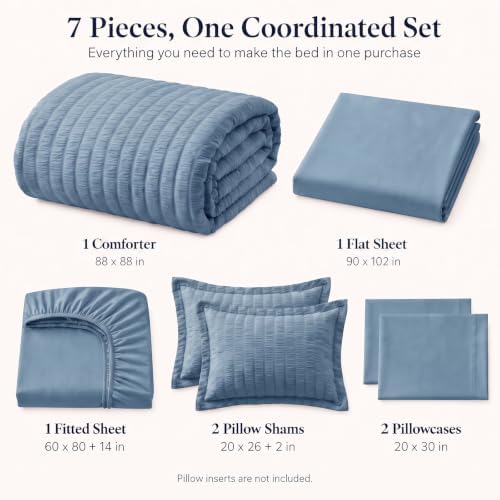 CozyLux Queen Comforter Set, 7 Pieces Grayish Blue Seersucker Bed in a Bag - Image 2