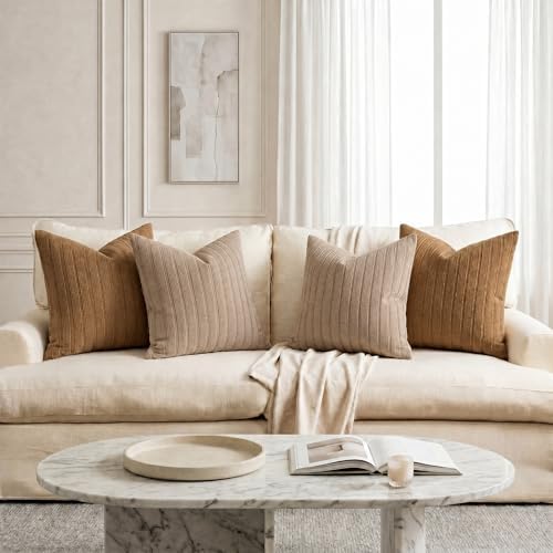 DEZENE 20x20 Taupe Throw Pillow Covers Pack of 2 Soft Striped Corduroy Square Neutral Pillow Cases for Couch Sofa Bedroom Living Room Home Decor - Image 7