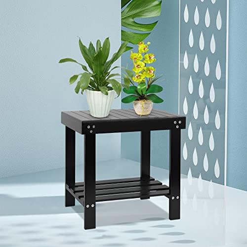 VaeFae Bamboo Spa Bench Seat Stool Foot Rest Shaving Stool with Non-Slip Feets Storage Shelf for Shampoo Towel,Works in Bathroom/Living Room/Bedroom/Garden Leisure (Black) - Image 5
