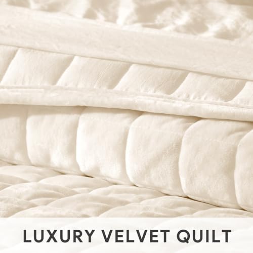 RECYCO Channel Box Stitch Velvet Quilt Set, Full Queen Size, Cream White - Image 4
