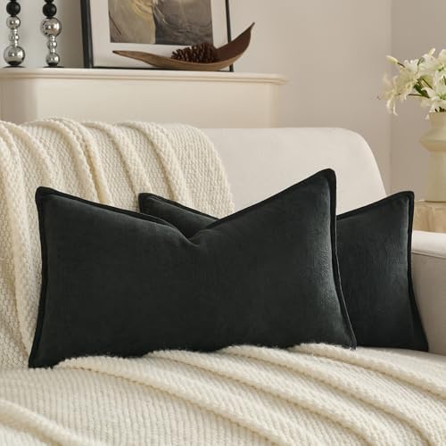 FUTEI Pack of 2 Chenille Throw Pillow Covers 12x20 Inch, Black by FUTEI