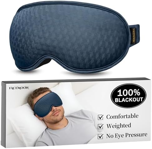 Weighted Blackout Sleep Mask for Men: 3D Contoured Zero Eye Pressure Sleep Mask for Stress Relief, Deep Sleep & Airplane Travel Essentials, Night Shift, Office Nap, Adjustable Strap, Blue by FACEMOON