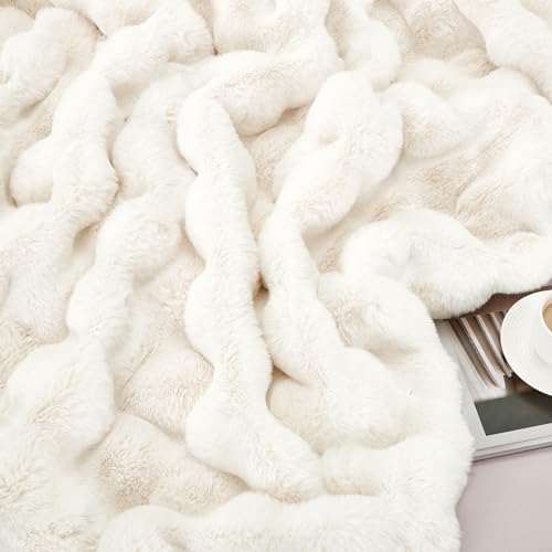 DREAMNINE Soft Faux Bubble Rabbit Fur Blanket Full Size, Thick Cozy Decorative Warm Fuzzy Fur Blanket for Bed Couch Sofa Chair Bedroom Living Room Dorm Gift, 70 * 80 Inches, Cream White - Image 5