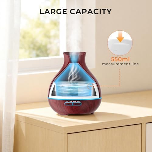 Aromatherapy Essential Oil Diffuser 550ml 12 Hours Wood Grain Aroma Diffuser with Timer Cool Mist Humidifier for Large Room, Home, Baby Bedroom, Waterless Auto Shut-off,7 Colors Lights Changing - Image 6