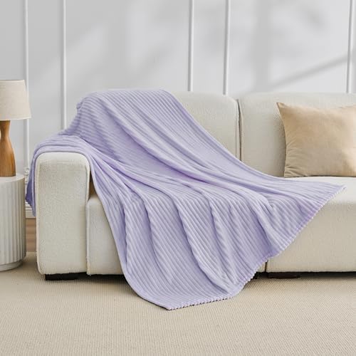 Bnuitland Fleece Throw Blanket for Couch, 300GSM Soft Warm Cozy Fluffy Throw for Adults & Kids, Stripe Pattern, All Season Sofa Bed Blanket for Home Decor, Light Purple 50"x60" - Image 6