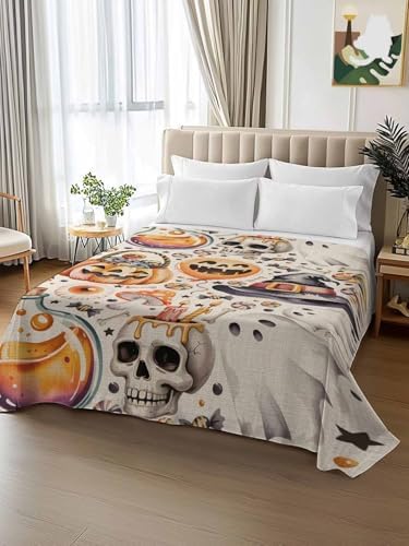 Halloween California King Flat Sheet Candy Pumpkin Flat Sheets Only Soft Bedding Top Sheets Witch Hat Eyeball Skull Ghost Linen Cal King Bed Sheet for All Season Bedroom Dorm Halloween Decor - Image 2