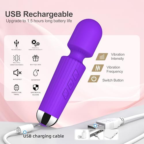 Mini Cordless Massager - 8 Intensity Levels & 20 Quiet ＆ Waterproof Vibration Modes, Handheld Wand Massage for Neck, Back, Shoulder, Muscle Pain Relief (Purple) - Image 6