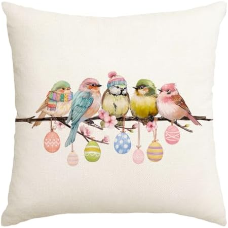 RABUSOFA Easter Pillow Covers 18x18 inch Easter Decorations Pink Birds Colorful Eggs Throw Pillows for Bedroom Sofa Holiday Festivals Home Decor by RABUSOFA