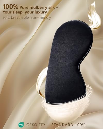 Silk Sleep Mask for Women and Men - Soft Breathable Organic Natural Mulberry Silk Fabric Blackout Eye Mask with Adjustable Straps No Pressure Eye Mask for Travel Essentials Gifts (Black) - Image 2