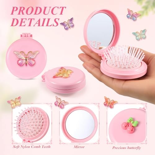 12 Pcs Pink Coquette Butterfly Mini Hair Brushes Folding Mirror Coquette Detangler Brush Bulk Round Compact Massage Scalp Comb for Purse Women Travel Team Gifts Trendy Stuff Party Favors - Image 3