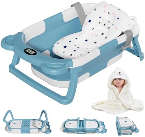 MoreFeel Collapsible Baby Bathtub for Newborn with Thermometer & 1 Hooded Towel & 1 Soft Floating Cushion,Portable Travel Bathtub with Drain Hole, Durable Foldable Baby Tubs for Infants to Toddler by Morefeel