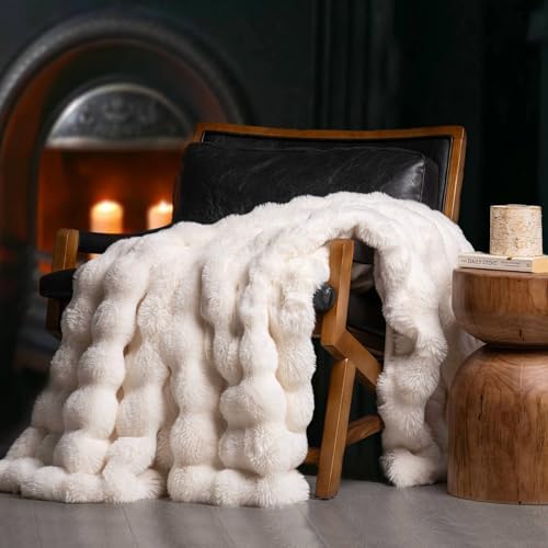 EverGrace Faux Rabbit Fur Bubble Throw Blanket, 90"x90", Ivory White by EVERGRACE