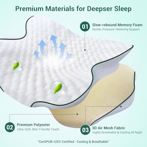 AZBESTPRO Memory Foam Cervical Pillow for Neck Support & Pain Relief, Butterfly Ergonomic Design – 24×15.75×5.7 Inches, Removable 100% Polyester Pillowcase, Suitable for Side & Back Sleepers (Green) - Image 5