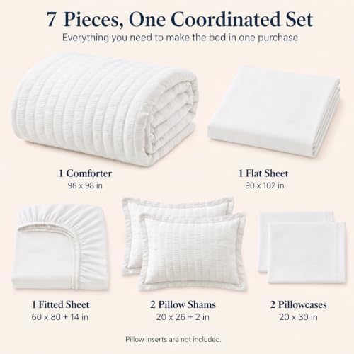 CozyLux Oversized Queen Comforter Set, 7-Piece White Seersucker, 98 x 98 in - Image 2