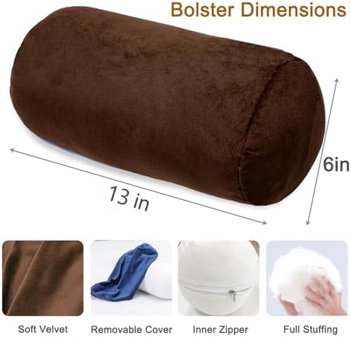 1 MIDDLE ONE Round Cylinder Bolster Pillow with Removable Velvet Cover, Tube Roll Cervical Pillow for Head, Neck, Back and Legs Support, 13" x 6", Brown - Image 2