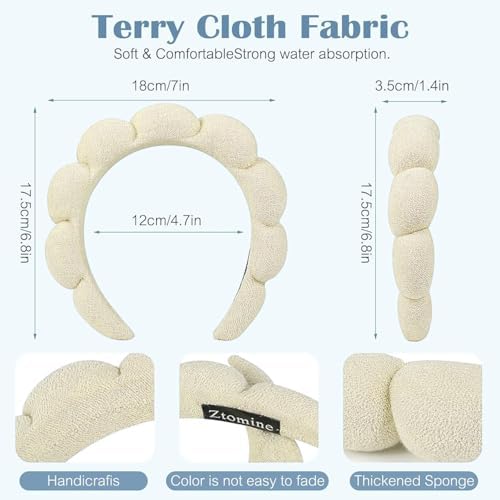 Ztomine Skincare Headband, Set of 2 - Terry Cloth Face Wash Headband Combo Pack - Puffy Makeup Headbands for Face Washing, Mask (beige + black) - Image 3