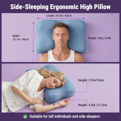 ZZ-WELL Side Sleeper Pillow - Patented Cervical Neck Pillow for Sleeping with Cooling Cover - High Loft Heavy Density Memory Foam Pillows for Side Sleepers & Broad Shoulders Adults (Blue) - Image 2