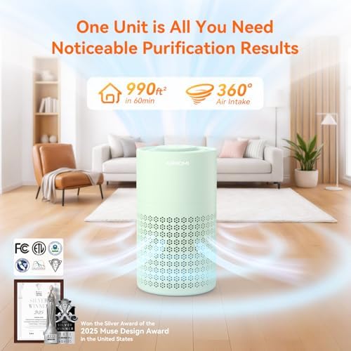 AIRROMI Air Purifier for Bedroom with HEPA 3-in-1 Filter, Pet Air Purifier for Home Cat Pee Smell, Covers Upto 990 Ft², Quiet 360°intake Air Cleaner for pet hair,allergies,Dust,Smoke A2001 Green - Image 2