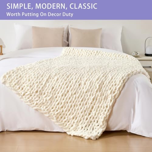 Bigacogo Chunky Knit Throw Blanket for Couch, 40x60 inches, Ivory - Image 3
