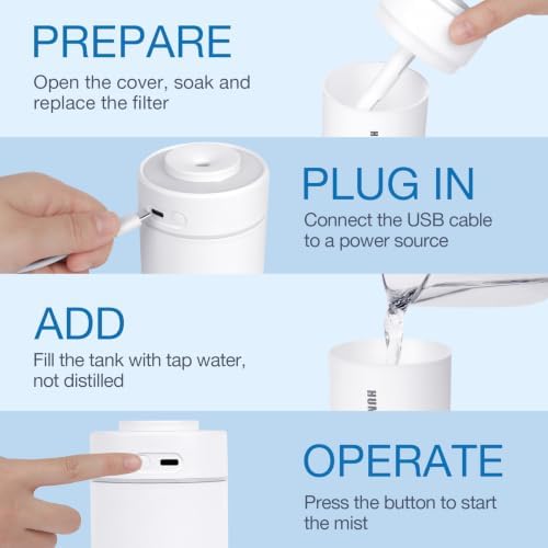 Mini Humidifier, Small Cool Mist Humidifier USB Personal Portable Quiet Table Desktop Humidifiers for Cooling Home Office Car Summer Travel (180ml, White Grey) - Image 6