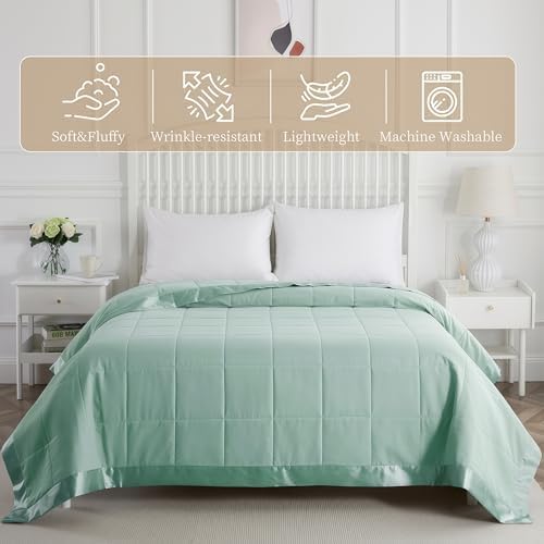 COMFLIVE Queen Down Alternative Blanket - Lightweight Satin Trim, Green - Image 2