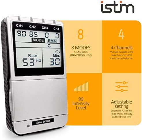 iSTIM EV-805 TENS EMS 4 Channel Rechargeable Combo Machine Unit - Muscle Stimulator + Back Pain Relief and Management- 24 Programs/Backlit (Including Electrodes Pads) - Image 3