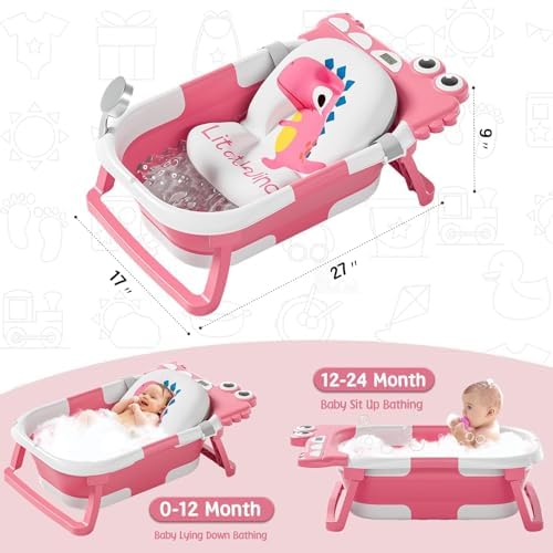 MoreFeel Collapsible Baby Bathtub for Newborn with Thermometer & 1 Hooded Towel & 1 Soft Floating Cushion,Portable Travel Bathtub with Drain Hole, Durable Foldable Baby Tubs for Infants to Toddler - Image 2