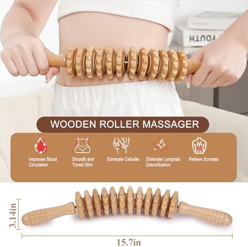 Wood Massage Roller Muscle Roller Cellulite Massage Tool Fascia Blaster Lymphatic Drainage Massager Wood Therapy Massage Tools for Deep Tissue Muscle Relief Recovery(12-Wheel) - Image 3