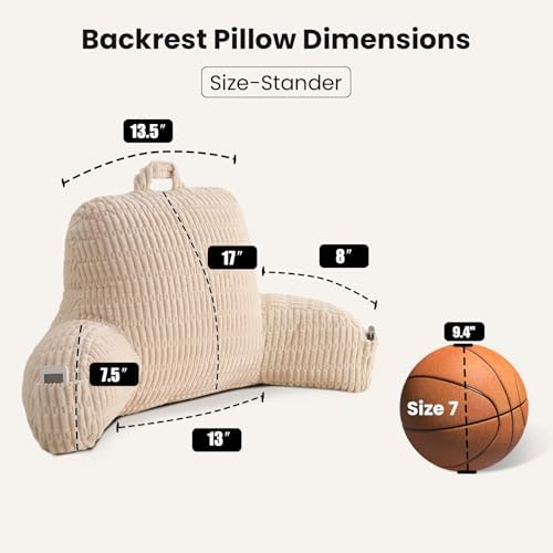 Reading Pillow for Sitting in Bed with Arm,White Corduroy, M - Image 3