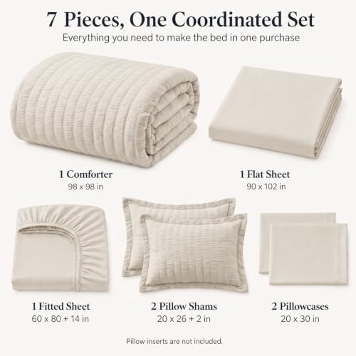 CozyLux Oversized Queen Comforter Set, 7-Piece Beige Seersucker, 98 x 98 in - Image 2