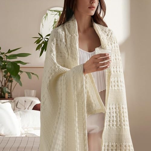 PHF Lightweight 100% Cotton Waffle Throw Blanket for Couch, Cannoli Cream - Image 2