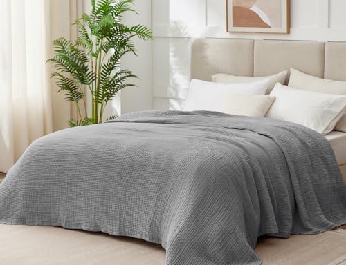 100% Cotton Muslin Blanket Queen 90" x 90", 6 Layers Breathable and Lightweight Cotton Throw Blanket for Bed, Soft Quilt Bedspread Coverlet, Gauze Blanket for Adults All Season, Grey - Image 2