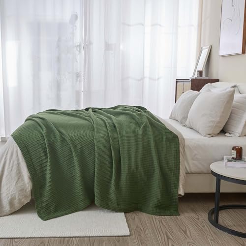 100% Cotton Green Blanket Twin Size for Bed - Breathable and Soft, Waffle Weave for Summer Spring, 90x66 Inches (Forest Green) - Image 5