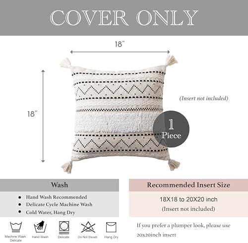BlissBlush 18X18 Throw Pillow Cover, Cream Neutral Square Decorative Cushion Cover with Black Pattern, Boho Accent Pillowcase with Tufted Details and Tassels for Couch Sofa Living Room (Cover Only) - Image 5