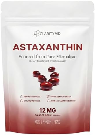 Astaxanthin 12mg Antioxidants Supplement – Natural Microalgae Source – Lipid-Based Softgel for Enhanced Absorption – Cognitive, Vision & Joint Support – 30 Softgels (Pack of 1) by Unknown