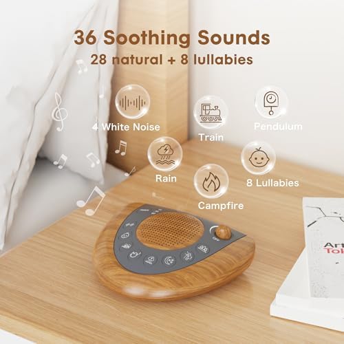 Raynic Noise Machine, Battery Powered Sound Machine, Portable Sleep Machine with 36 Natural Soothing Sounds, Timer, USB Port, Headphone Jack for Baby, Kids, Adults, Travel, Office (Yellow Wood Grain) - Image 2