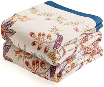 VANJOROY Boho Throw Blanket, 100% Organic Cotton Breathable Ultra Soft 91" x 108" King Bed Quilt Throw - All Season Floral Rustic Farmhouse Decor Luxury Blanket for Sofa Couch Chair and Gift by CHOOSEVANJOROYENJOYAMORECOMFORTABLEFEELING