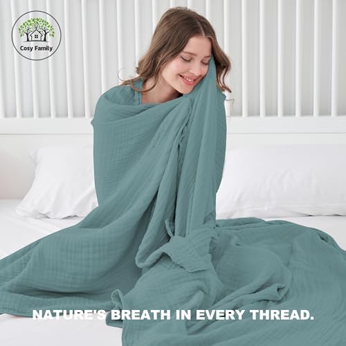 Cosy Family 6 Layer Muslin Bed Blanket - Breathable and Lightweight Gauze Boho Blanket for Spring, Soft 100% Cotton Muslin, Green, 80x90 Inches - Image 3