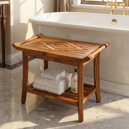 Teak Shower Bench Stool Seat, w/Leveling Feet, Waterproof, Teak Oil Finish - Image 4