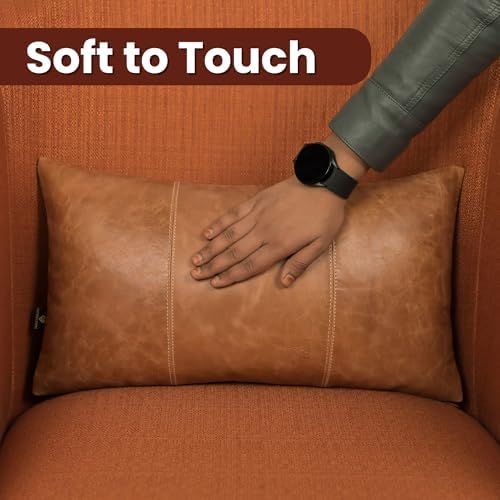 LL LEATHER LOVERS 100% Lambskin Leather Pillow Cover 22x30 Inch – Hand-Stitched Cushion Case with Hidden Zipper, Decorative Throw Cover for Sofa, Bed and Living Room - Rusk Camel 02 Panel Pack of 1 - Image 4