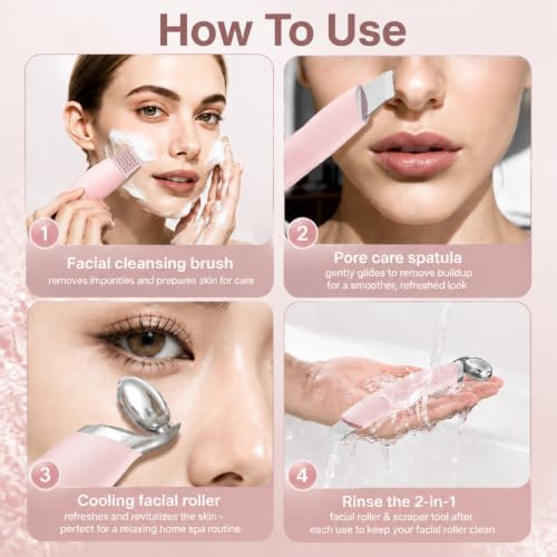 Ice Roller for Face & Eyes, Cooling Facial Roller with Blackhead Remover & 2 Silicone Brushes, Stainless Steel Face Roller for Puffiness, Pores & Deep Cleansing (Pink) - Image 6