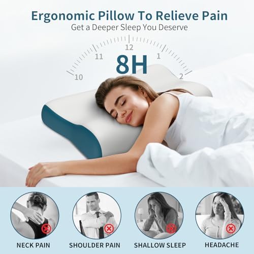 Cervical Neck Pillow for Pain Relief, Contour Memory Foam Pillows Ergonomic Pillow Orthopedic Cooling Pillow Bed Pillow Neck Support for Side Back Stomach Sleepers(Grey&Blue) - Image 2