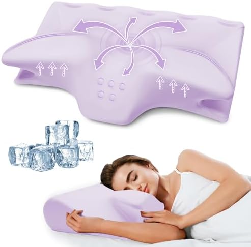 Cooling Contour Memory Foam Pillows Support Odorless Ergonomic Neck Pillow Adjustable Orthopedic Bed Pillow for Side Back Stomach Sleeper Cervical Pillow for Neck Pain Relief,with Pillowcase,Purple by SUFOR